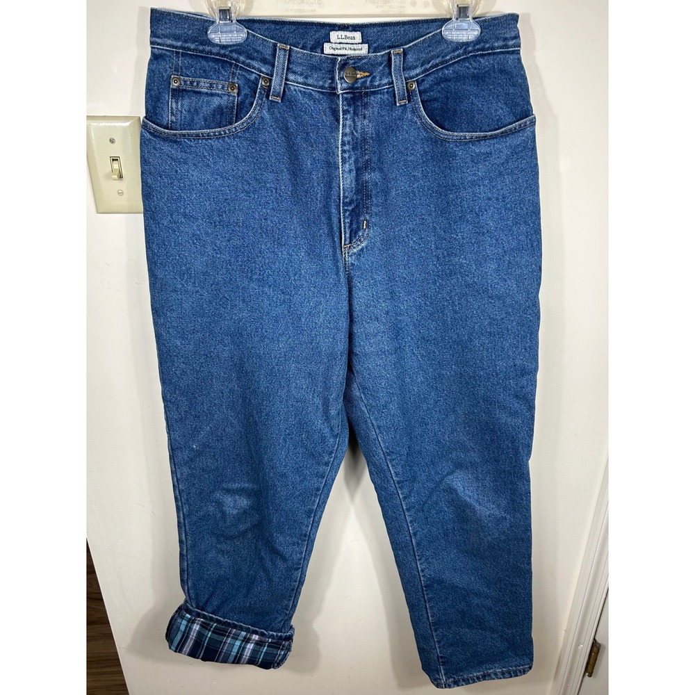 L.L.‎ Bean Flannel Lined Jeans Women's 12 Blue Denim Plaid Original Fit Relaxed